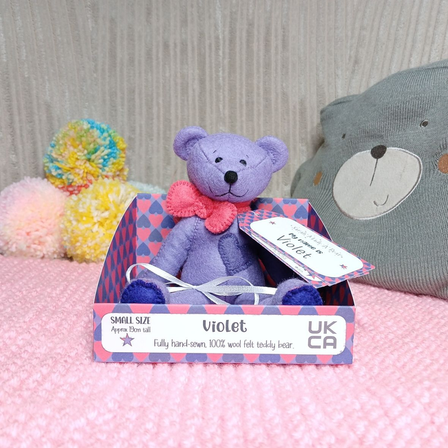 Violet. Small size, handmade teddy bear. UKCA. Tray base packaging. Limited Edition Wool Felt. Purple. Pink.
