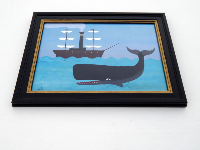 Framed Fine Art Print Naive Sperm Whale With Early Steamship