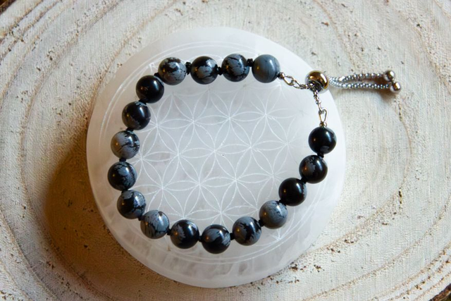 (M-L) Obsidienne flocon de neige / Bracelet coulissant inox et fil de soie
