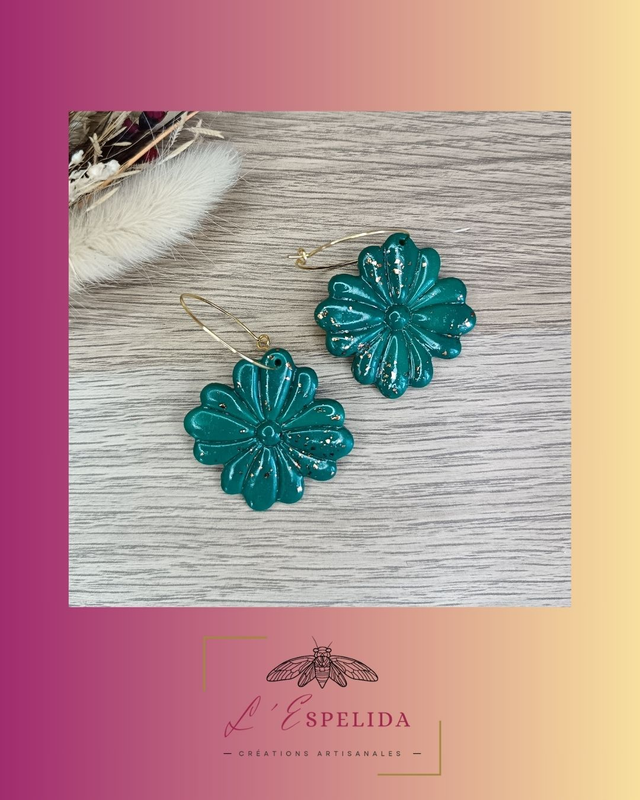 Créoles Big flowers vertes avec feuilles d'or