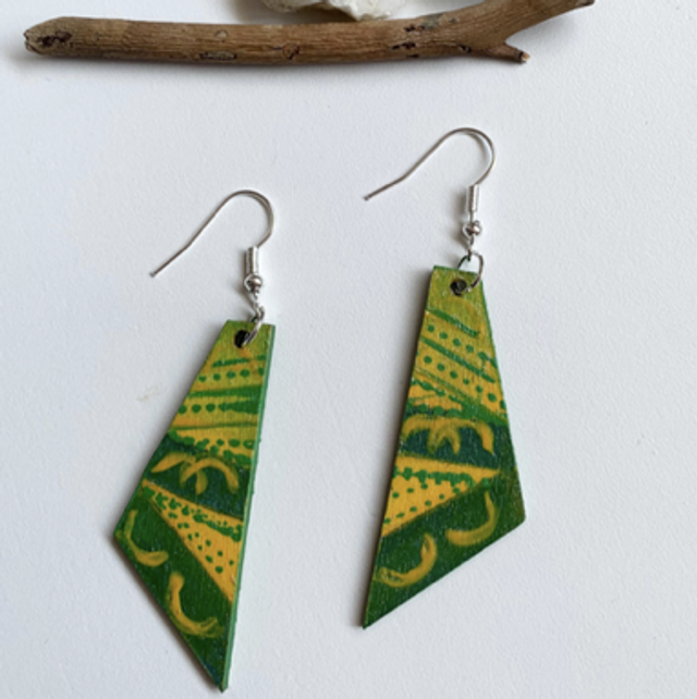 Wooden hand painted geometric drop earrings. 5.2cm long. Green drop earrings. Yellow drop earrings.
