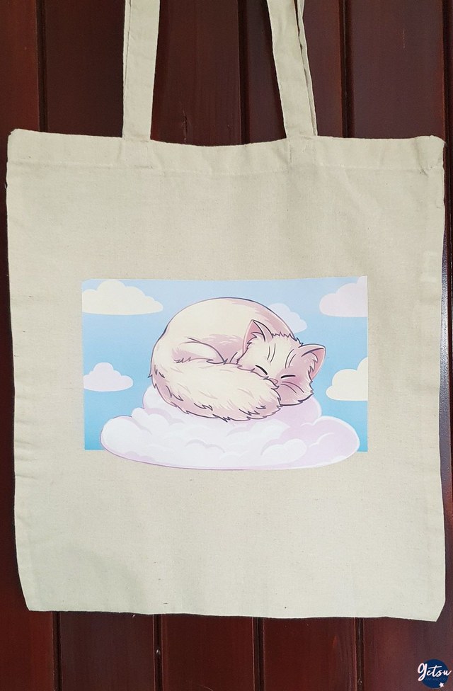 Totebag chat blanc dormant sur un nuage