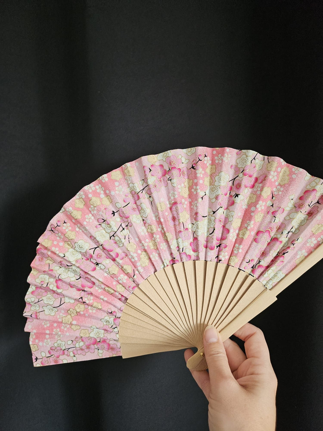 Eventail tissu fait main - rose fleurs cerisiers