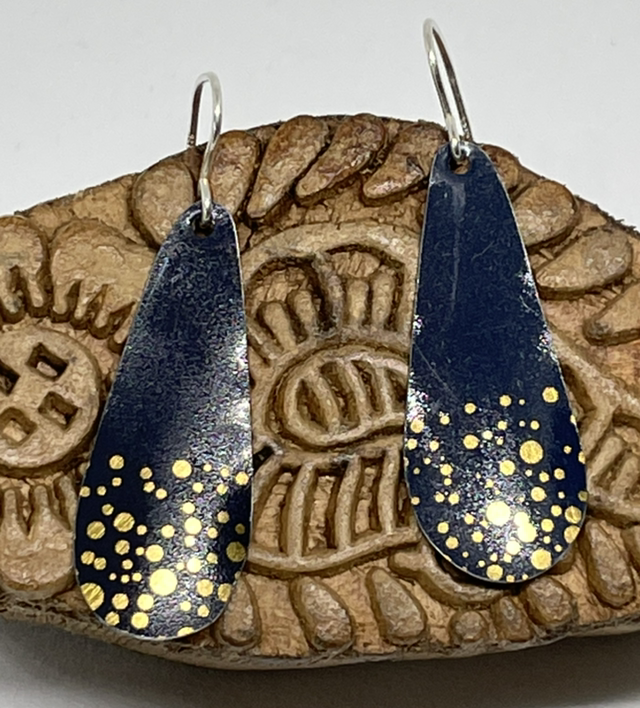 Navy and gold dot long drop tin earrings