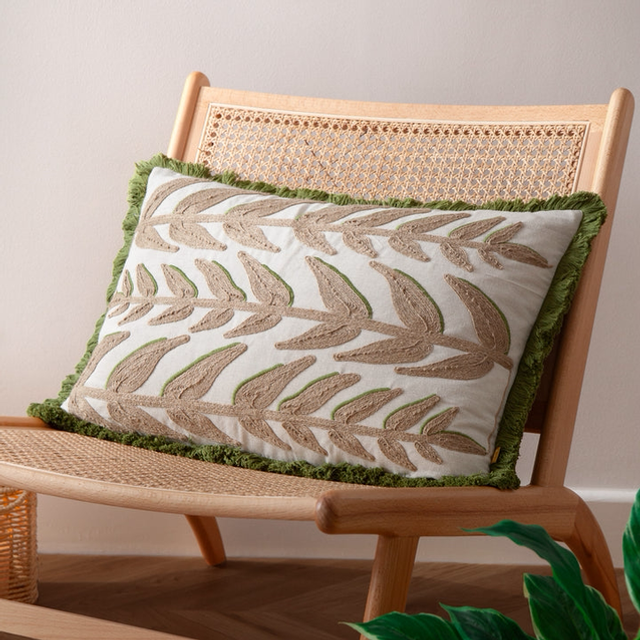 Leaves Embroidered Cushion Green