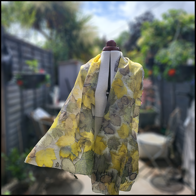 100% silk scarf - eco printed with maple, sycamore and lime leaves, wrapped in an iron blanket