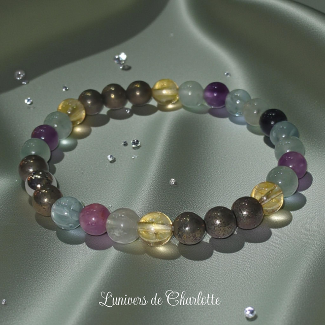 Bracelet "Mémoire &amp; Concentration" - Pyrite, citrine*, fluorite - REF16