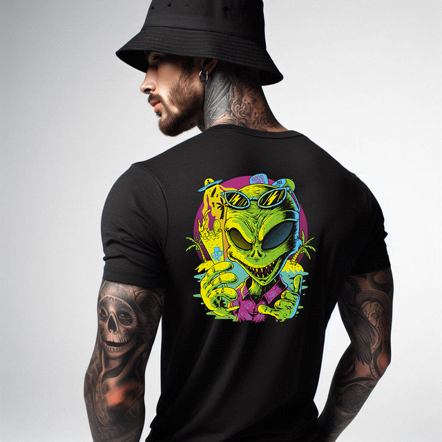 Unique Alien Good Vibes Black Soft Spun Patterned T-Shirt