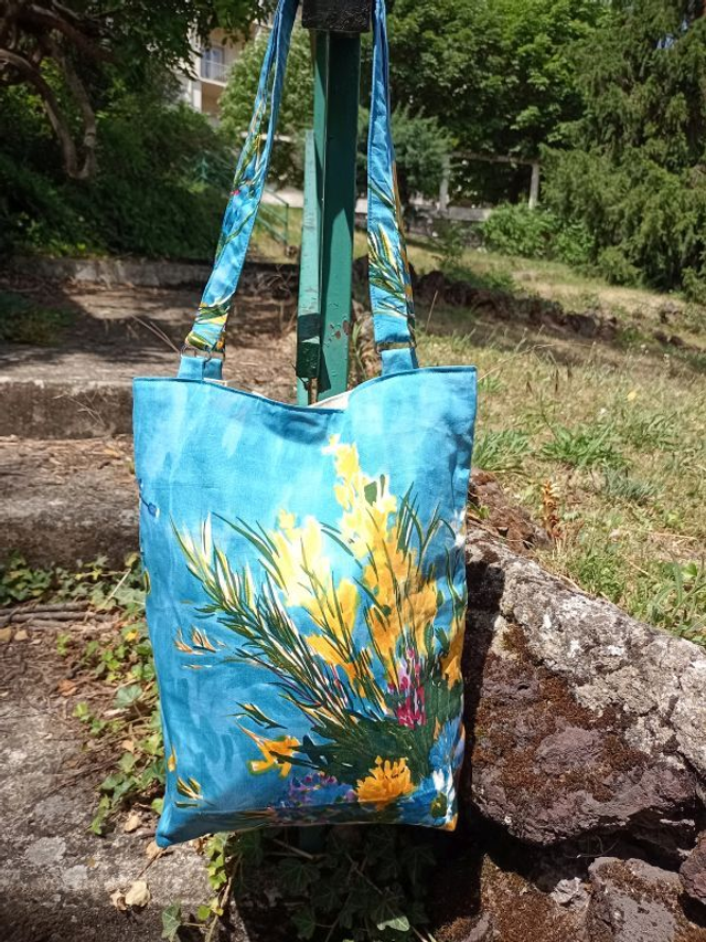  Sac cabas vintage  "juillet" tissu Romanex de Boussac toile à matelas doublé métis