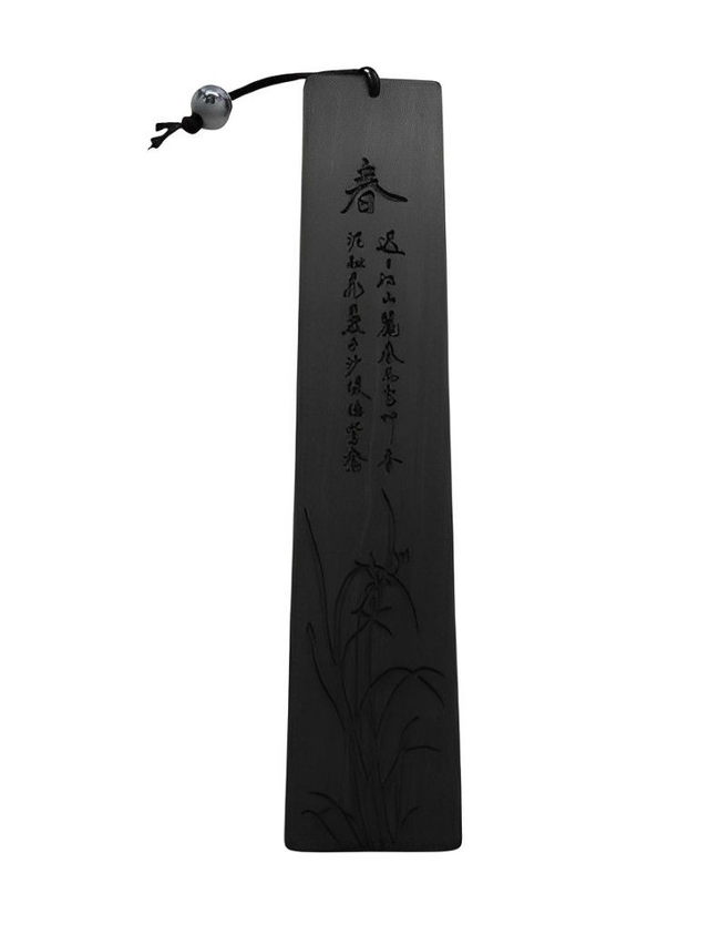 Marque-page en bois marron foncé nénuphar écriture japonaise