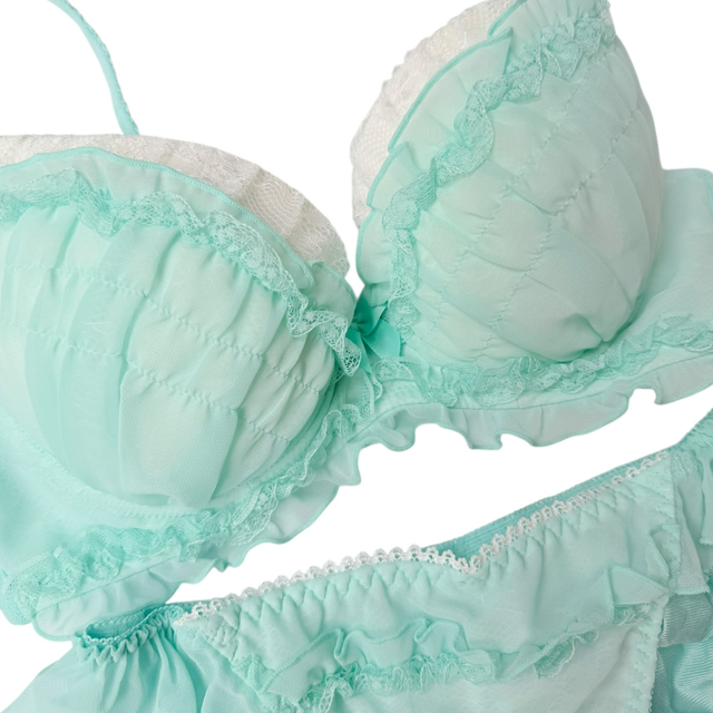 Mint green tulle Embroidered Japanese Bra + Underwear Set UK 34C  