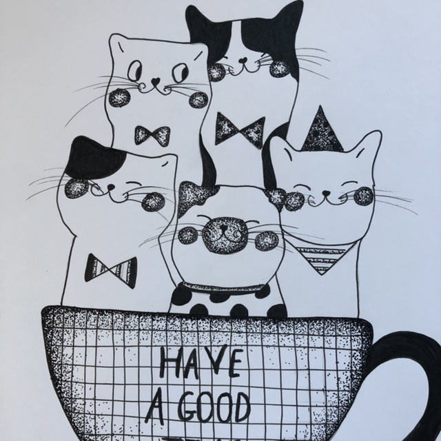 Chats en tasse have a good time - 23 x 32 cm - encadrement noir 