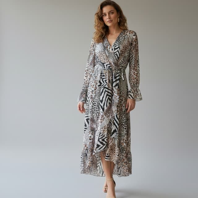 Robe Longue Patchwork Animalier - Coupe Portefeuille et Volants - Imprimé Léopard &amp; Zèbre