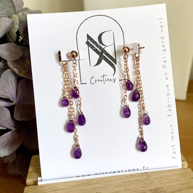 Boucles d'oreilles Victoria, en or rose laminé (Goldfilled), Améthystes naturelles