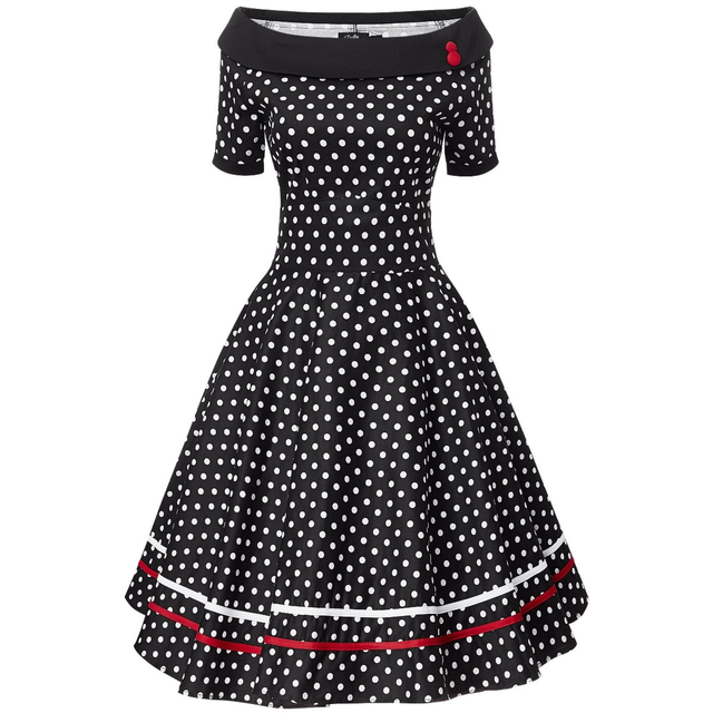 Darlene Retro Swing Dress in Black/White Polka Dots with a Red Accent
