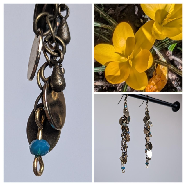 Boucles laiton , doré et perles en verre bleu/ brun , fermoirs laiton bronze -sans nickel, pièce unique 