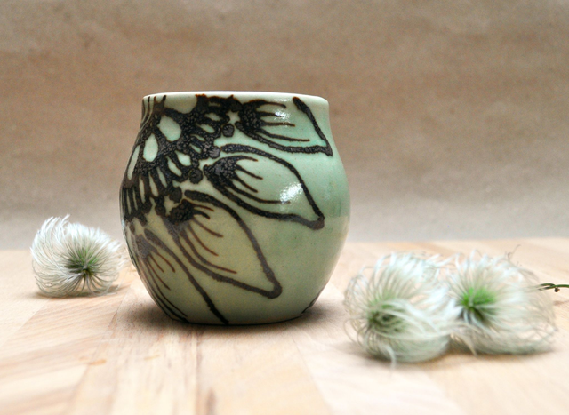 Romantic Green Stoneware Cup with Flower Pattern, handmade, Artistic Piece 