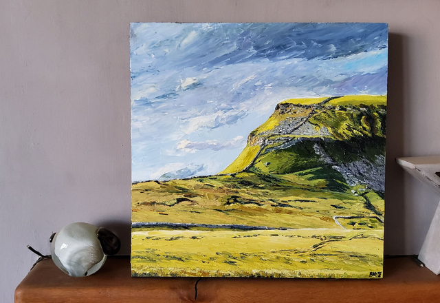 Late afternoon light over Pen-y-ghent. Original textured oil on 30.5x30.5 cm wooden canvas. 