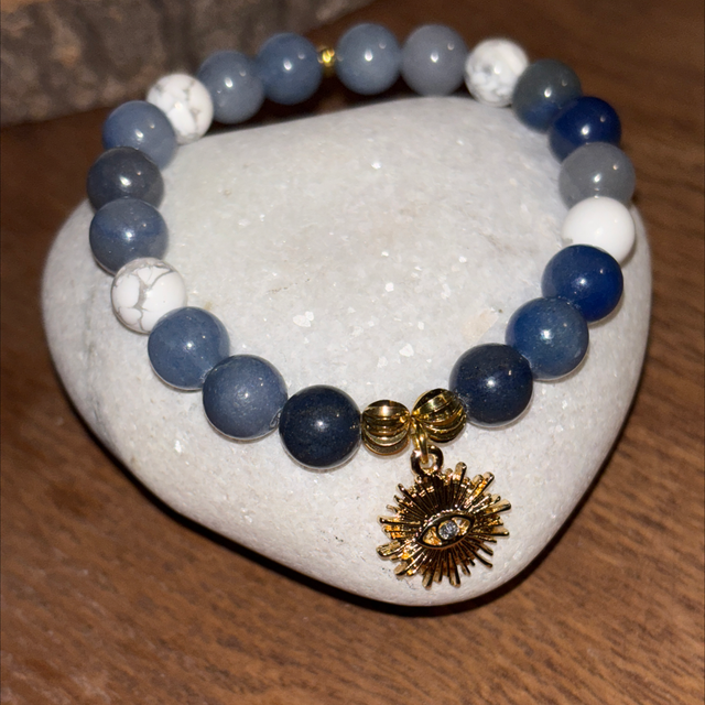 T4 Bracelet « Keep calm » aventurine bleue et howlite breloque soleil 