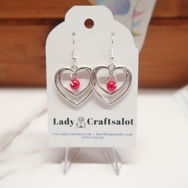 Silver Heart with Red Bead Earrings