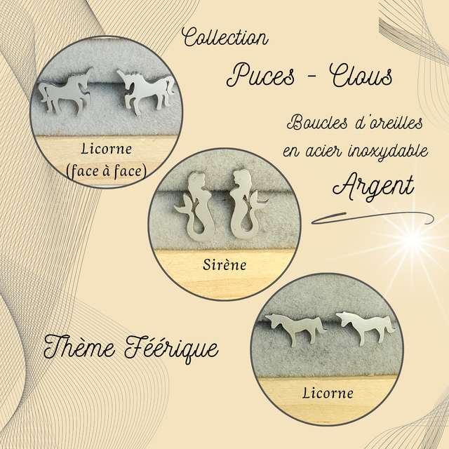 Clous d&#039;oreilles - Thème Féérique - Acier Argent