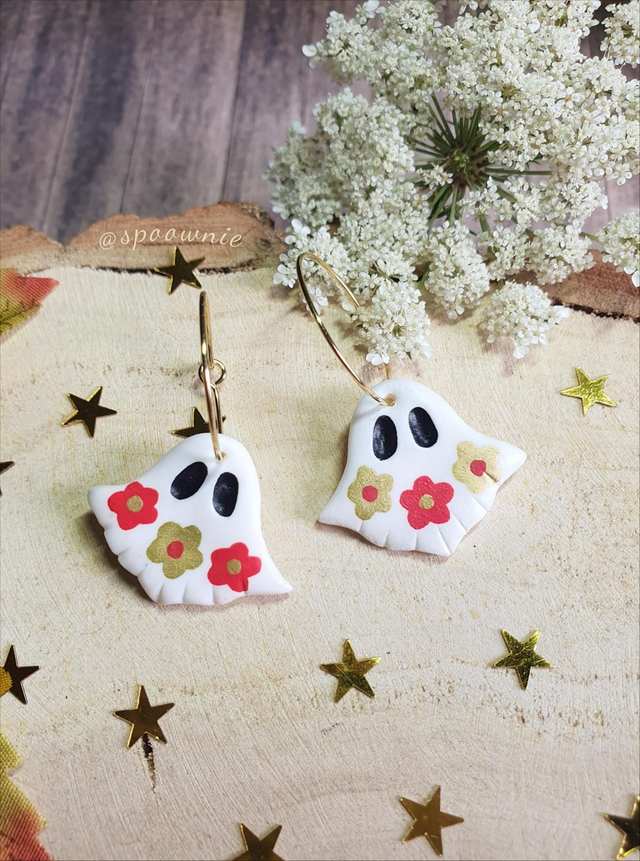 Boucles d'oreilles Fantômes Fleuris rouge et or