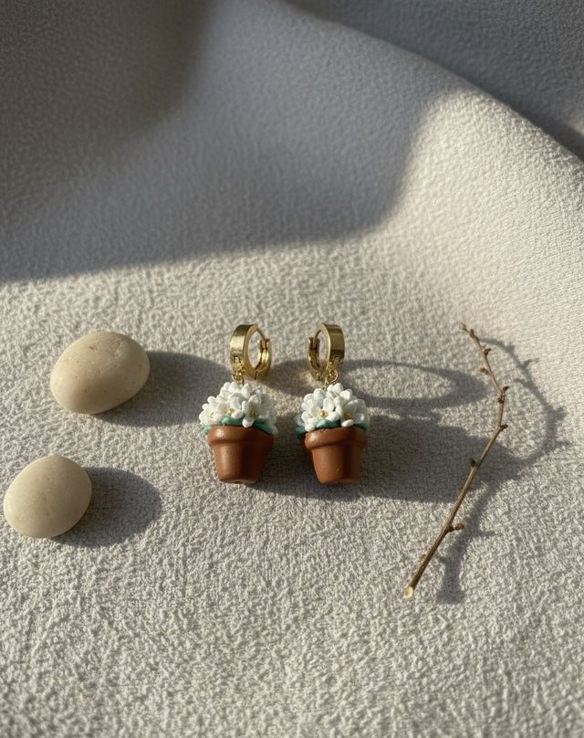 Orecchini bianchi con mini bouquet in vaso – fatti a mano
