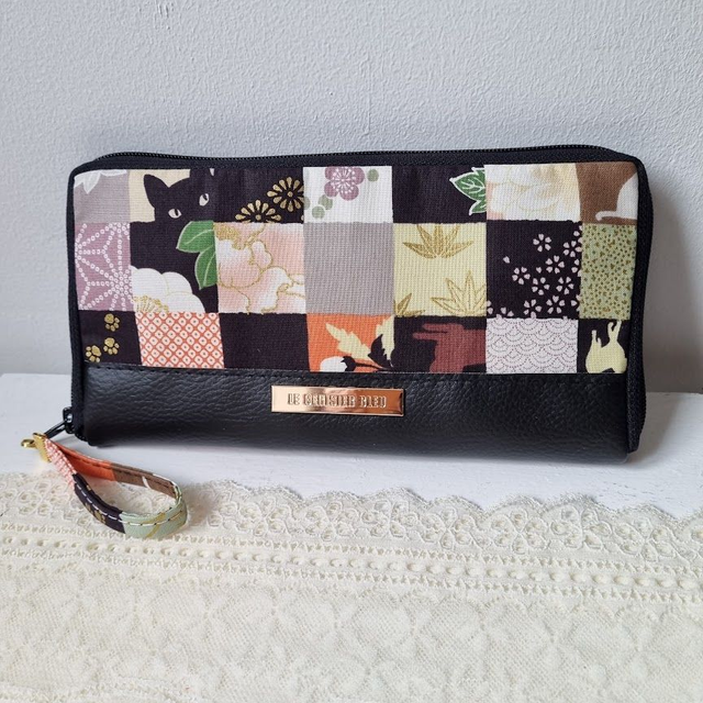 Portefeuille long zippé "Damier chat" simili cuir noir