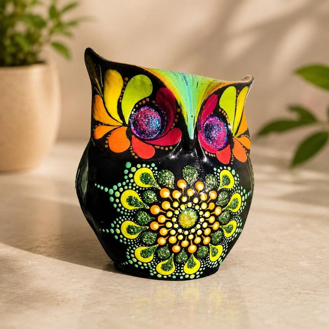 Statuette Hibou Chouette mandala peinte à la main - Objet d'art unique en plâtre résine - Décoration ésotérique fait main Dot Painting