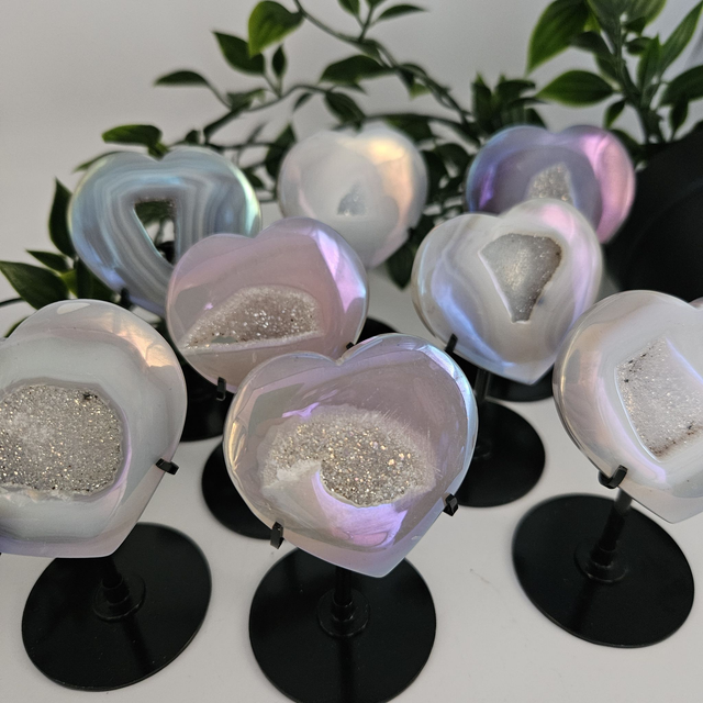 Aura Geode Druzy Agate Heart with stand