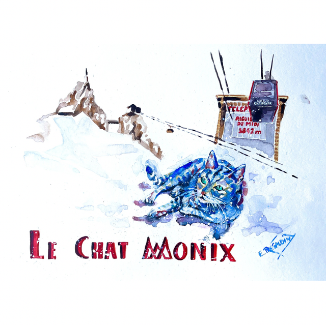 Le Chat Monix, Aiguille du Midi, Chamonix. Aquarelle.
