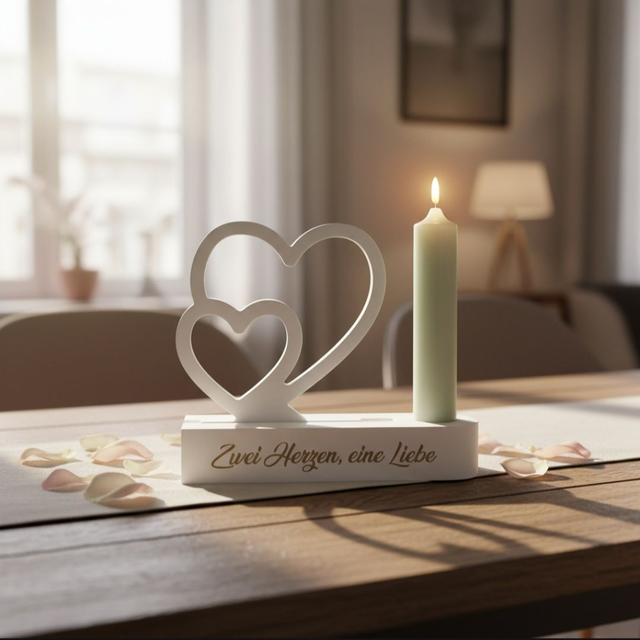 Geschenkset "zwei Herzen, eine Liebe" mit Kerzenhalter und Kerze