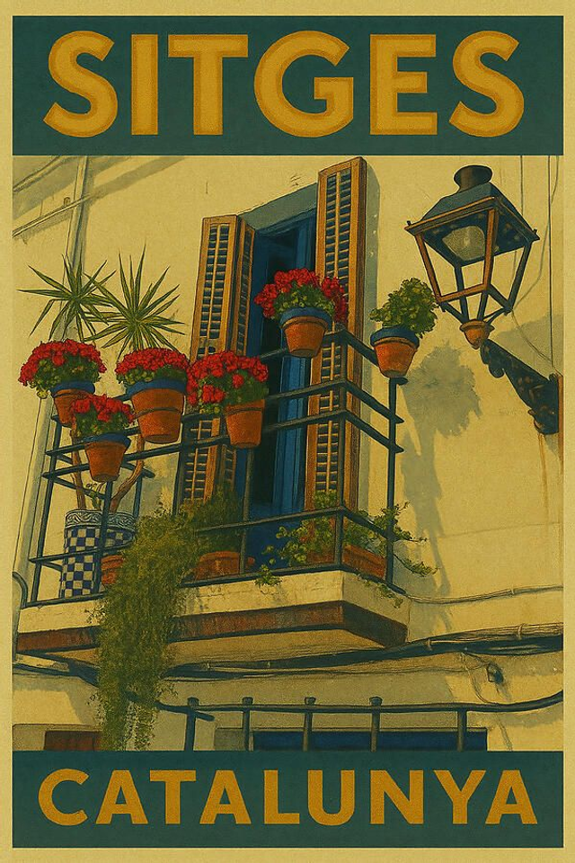 Póster de viaje vintage con balcón encantador de Sitges, Catalunya
