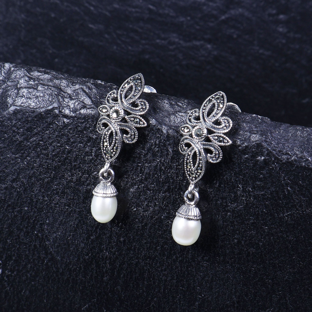 Pair of Sterling Silver 925 Art Deco Style Cream Coloured Fresh Water Pearl Marcasite Gemstone Star Design Drop Dangle Earrings