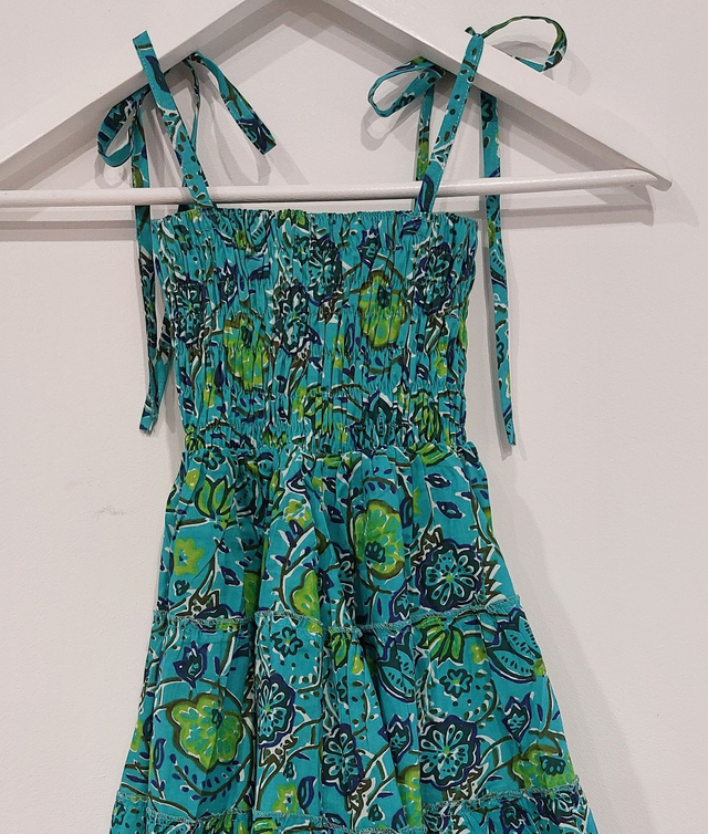 Robe d'été à smocks - Fille 2-5 ans - Coton indien léger imprimé à la main - Motif floral - Turquoise, bleu, vert