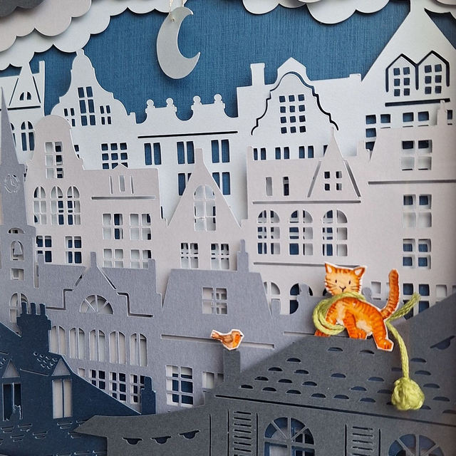 Quadretto 3D "Gatto e pettirosso"