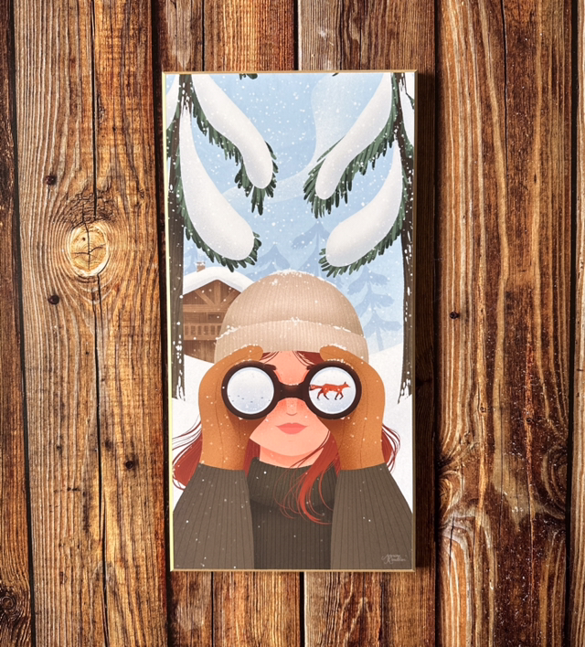 Tableau Exploratrice et renard hiver