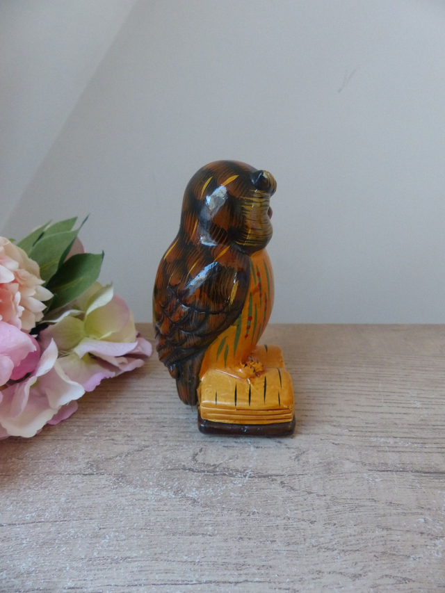 Ancienne Figurine Hibou Savant sur Livre Ouvert en Terre Cuite Peint main, Hibou Cadeau Etudiant Enseignant Professeur, Décoration bureau