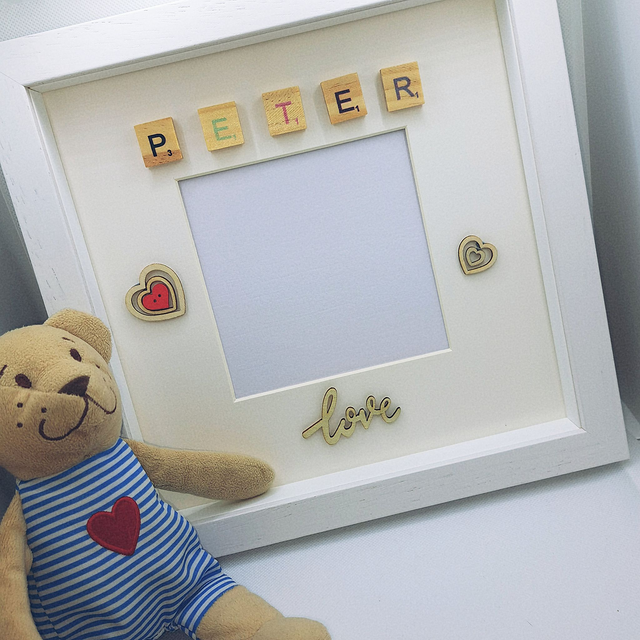 Handmade, personalised photo frame with colourful scrabble tiles. Personalised  birthday and special occasion gifts. 