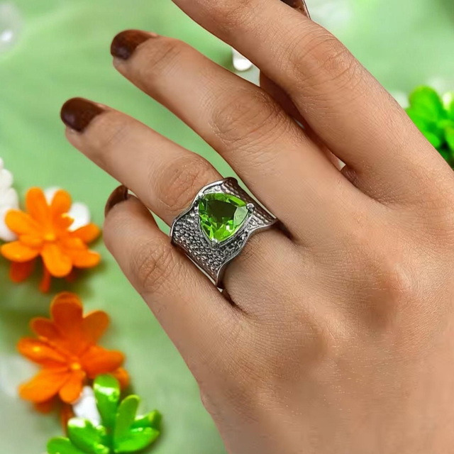 Stunning Chartreuse Quartz Solitaire Ring in Platinum Overlay.