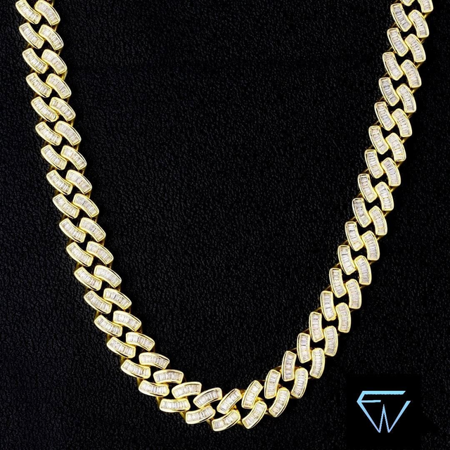 CHAINE MIXTE MAILLE CUBAINE PRONG LINK DE 12MM EN DIAMANT BAGUETTE PLAQUÉ OR 18K