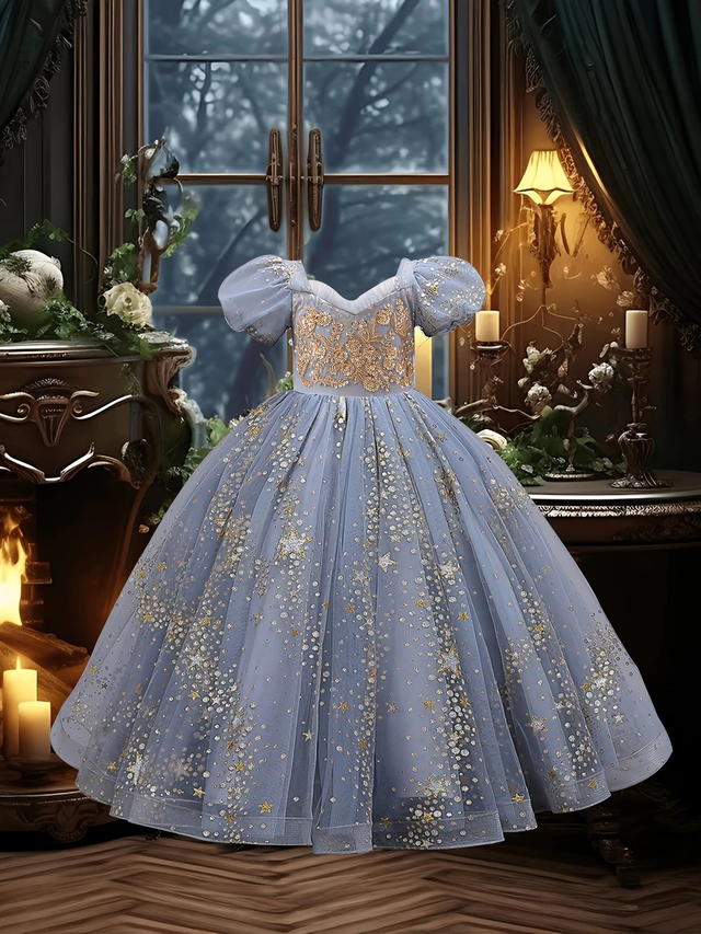 Girls' Elegant Princess Dress with Floral Embellishments