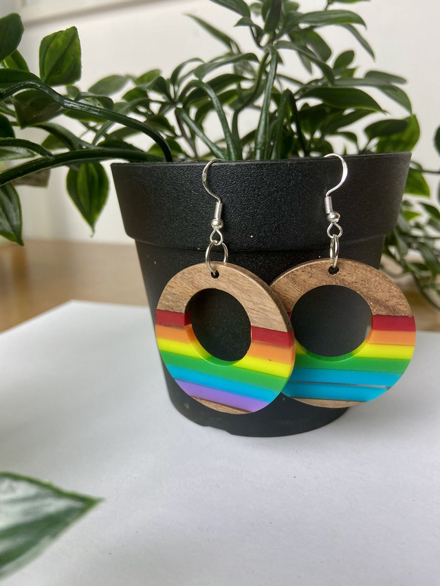 Wood effect rainbow earrings. 