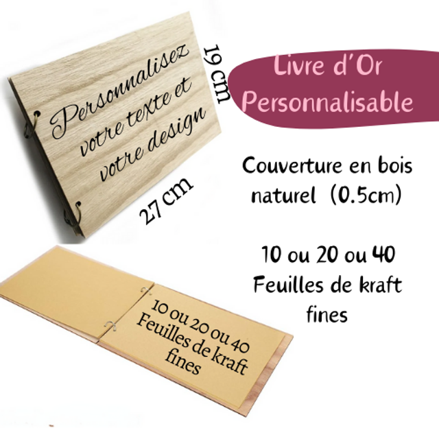 Livre d&#039;or en bois personnalisé avec feuilles fines en kraft - Mariage - Baptême - Communion - Anniversaire
