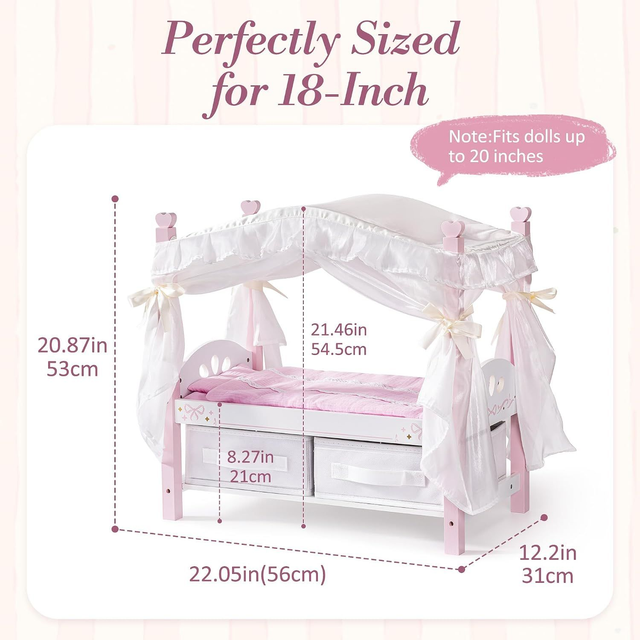 ROBUD Puppen-Himmelbett aus Holz – für Puppen bis 45 cm
