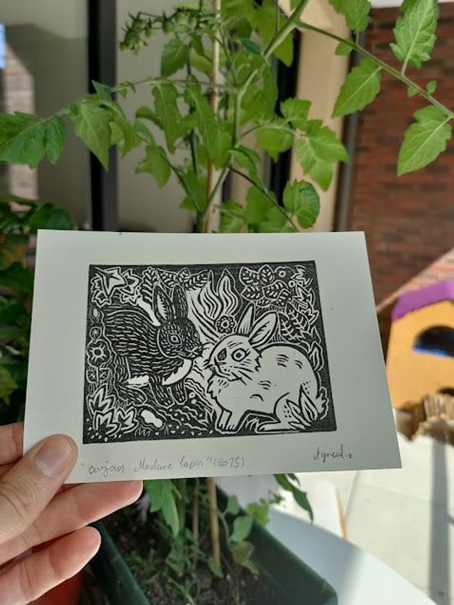 Linogravure/tampon Bonjour Madame lapin" lapins sauvage format 10X14.5 cm