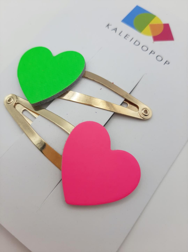 SALE! Neon leather hairclips  - pink / green hearts