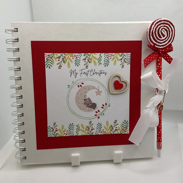 Personalised First Christmas frame and album set. Baby bear design. Red.