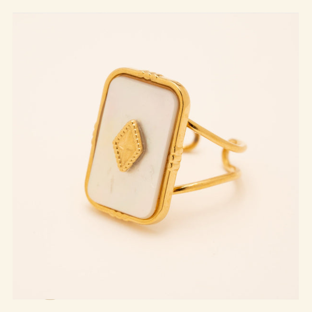 Bague rectangulaire en Acétate blanc motif losange