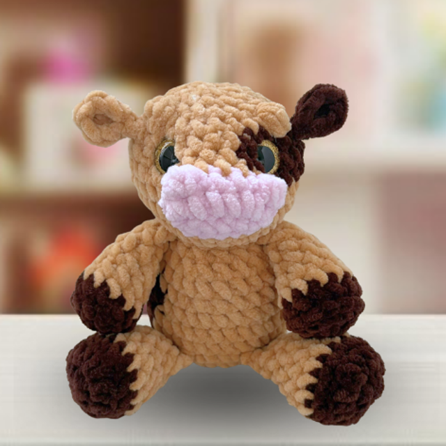 Crochet Chenille Brown Cow Cuddle Buddy, Glitter Eyes, Ukca tested